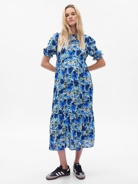 GAP Maternity Blue Floral Midi Dress with Puff Sleeves